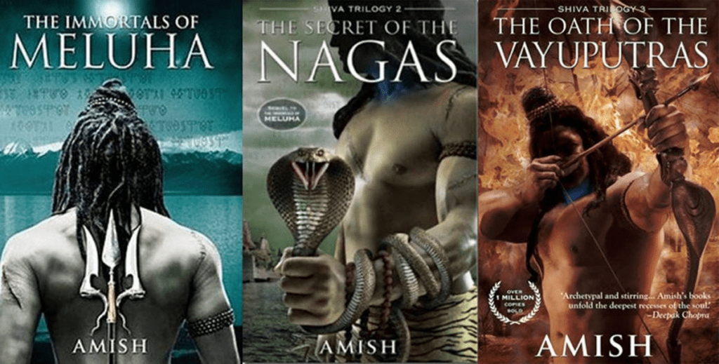 Weapon of Ram by Sunil Chandra Saha compared with Amish Tripathi's Shiva Trilogy, featuring The Immortals of Meluha, The Secret of the Nagas, and The Oath of the Vayuputras in an Indian mythological fantasy book comparison.
